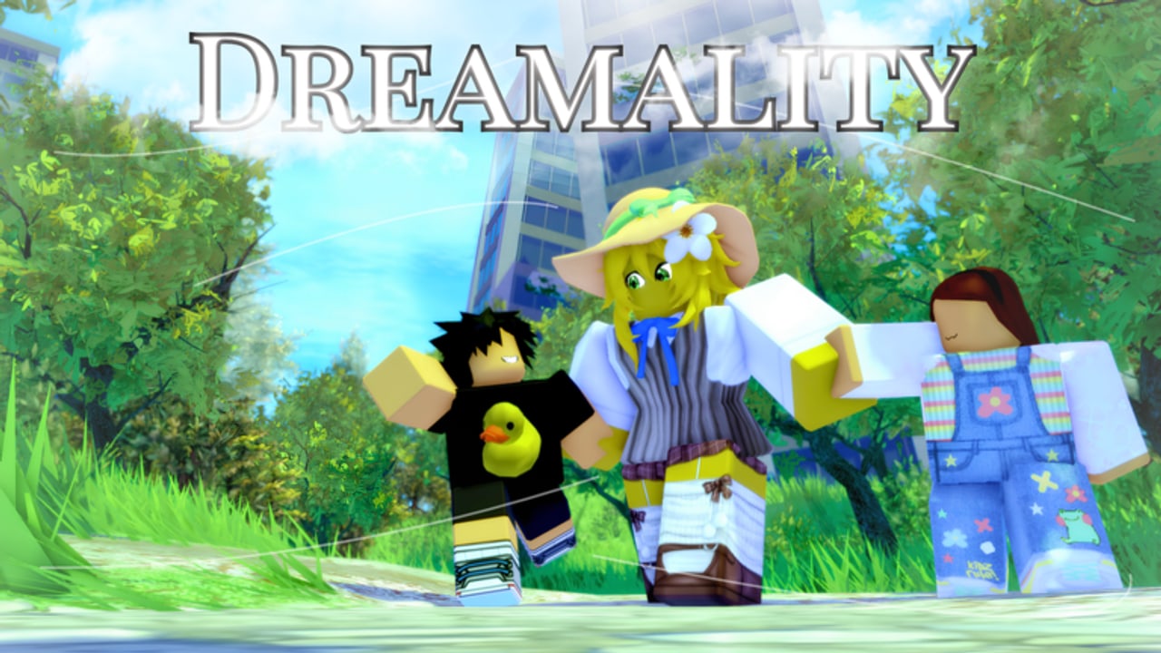 Dreamality park screenshot with the straw-hat companion and two children on a grassy path