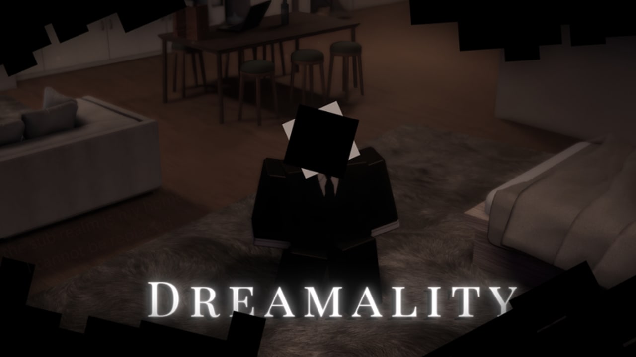 Faceless Dreamality figure sitting in a dim apartment, the Sub Realm's waking-world frame